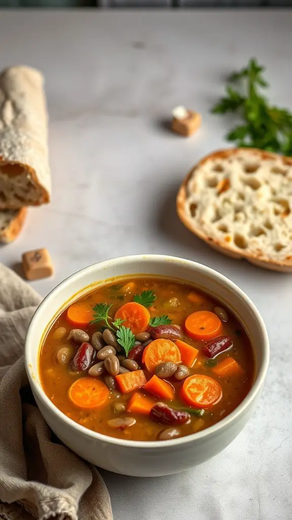 A bowl of hearty lentil soup with carrots and celery, accompanied by bread.