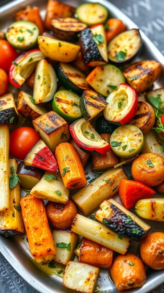A colorful platter of grilled vegetables including zucchini, bell peppers, and tomatoes, garnished with herbs.