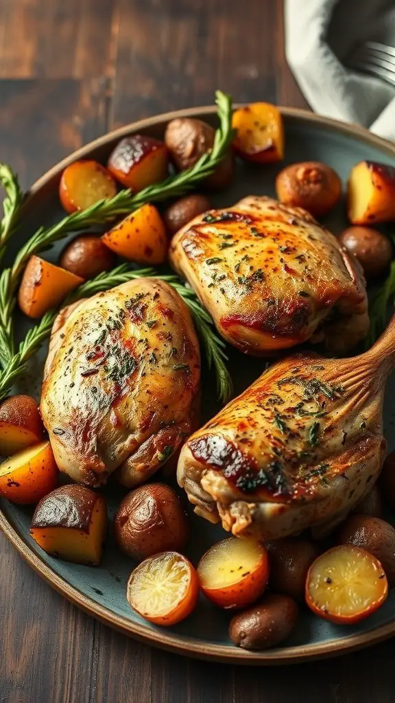 A plate of herb-roasted chicken thighs served with roasted potatoes and herbs.