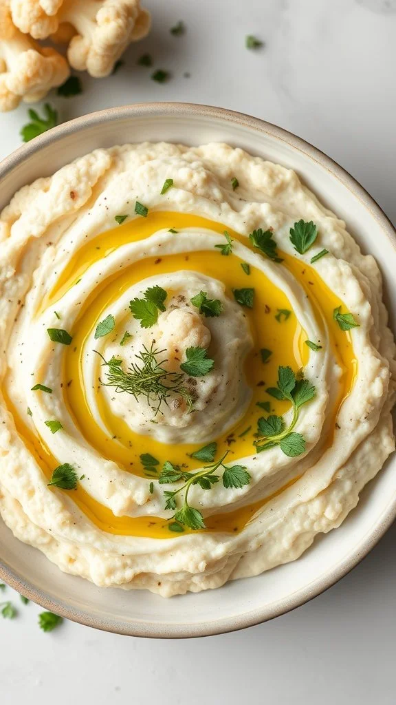 A bowl of creamy herbed cauliflower mash topped with olive oil and fresh herbs.