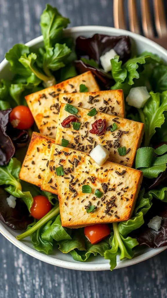 A bowl of herbed tofu slices on a bed of mixed greens and tomatoes