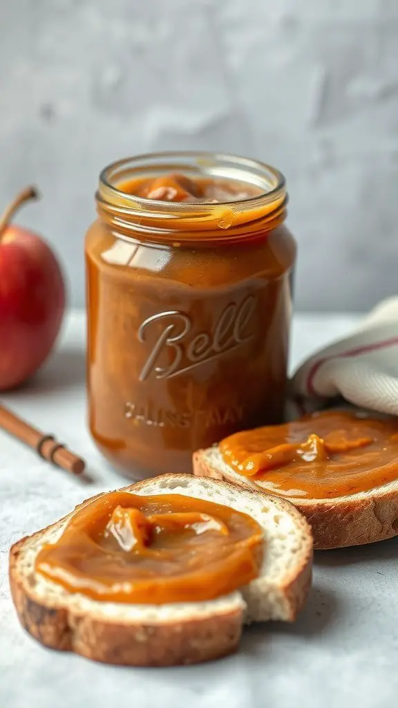 A jar of apple butter with slices of bread spread with apple butter, a red apple, and a cinnamon stick in the background.