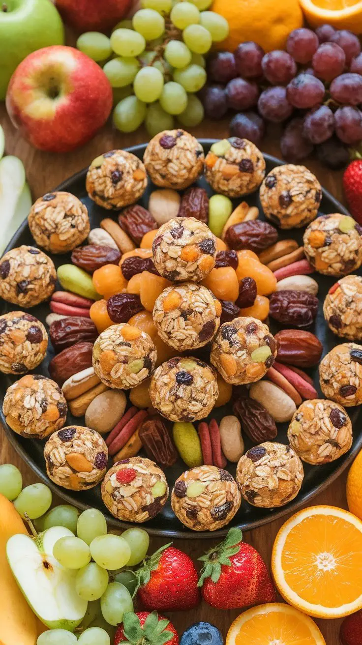 A platter of homemade energy bites surrounded by fresh fruits and nuts.