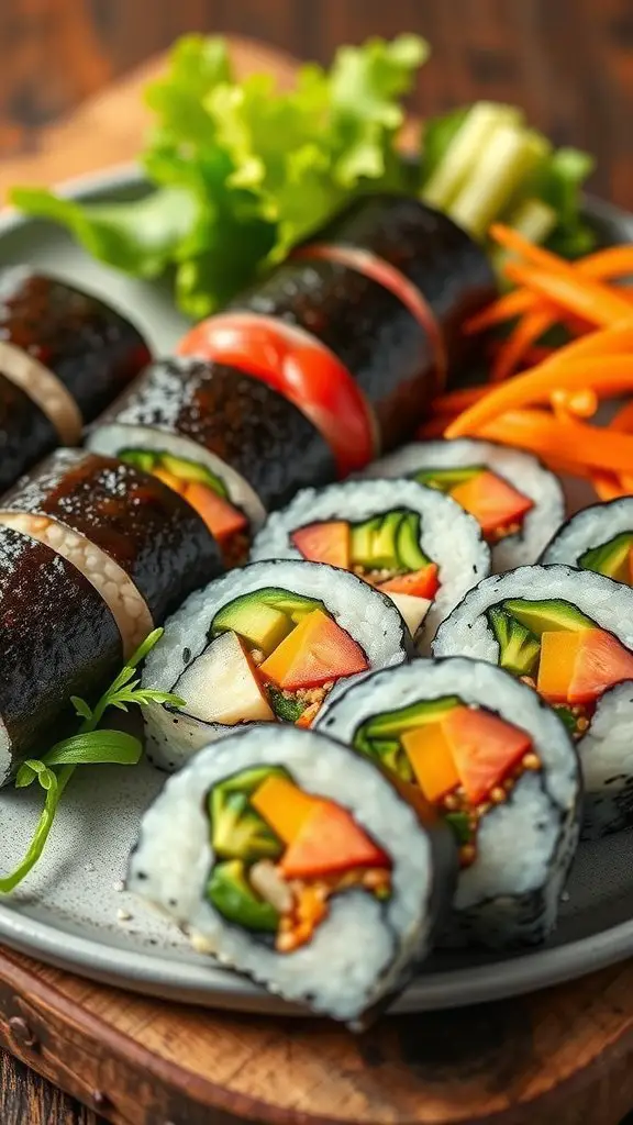A plate of homemade sushi rolls filled with colorful vegetables, including cucumbers, tomatoes, and carrots, accompanied by fresh greens.