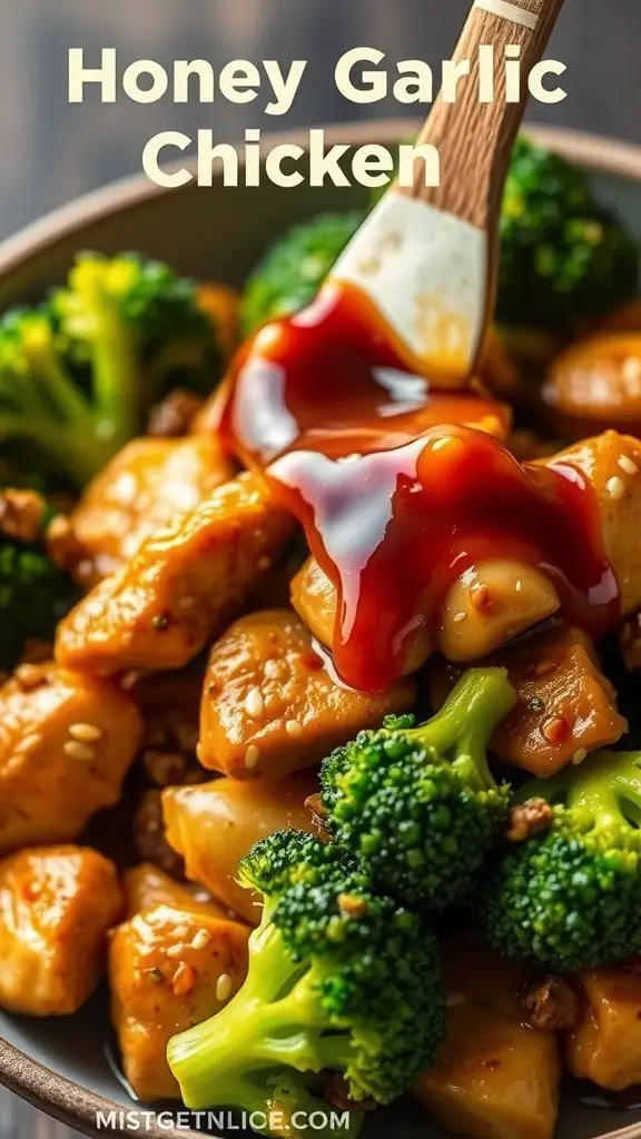 A bowl of Honey Garlic Chicken with Broccoli, showcasing diced chicken in a sweet sauce and fresh broccoli.