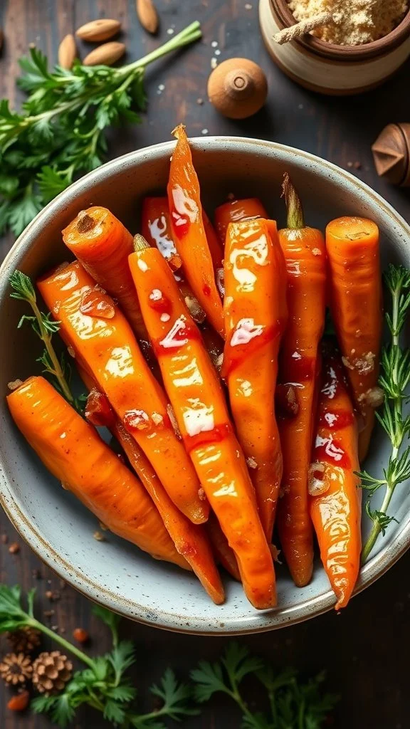 a bowl of honey glazed carrots with a shiny glaze, garnished with herbs