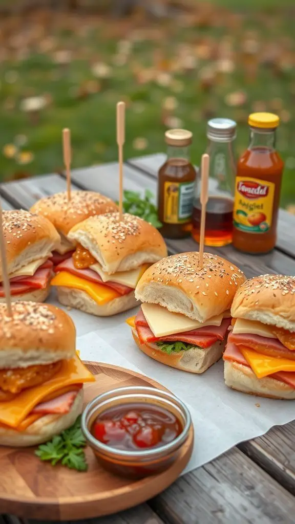 An inviting display of honey mustard glazed sliders on a wooden table with decorative sauces and condiments nearby.