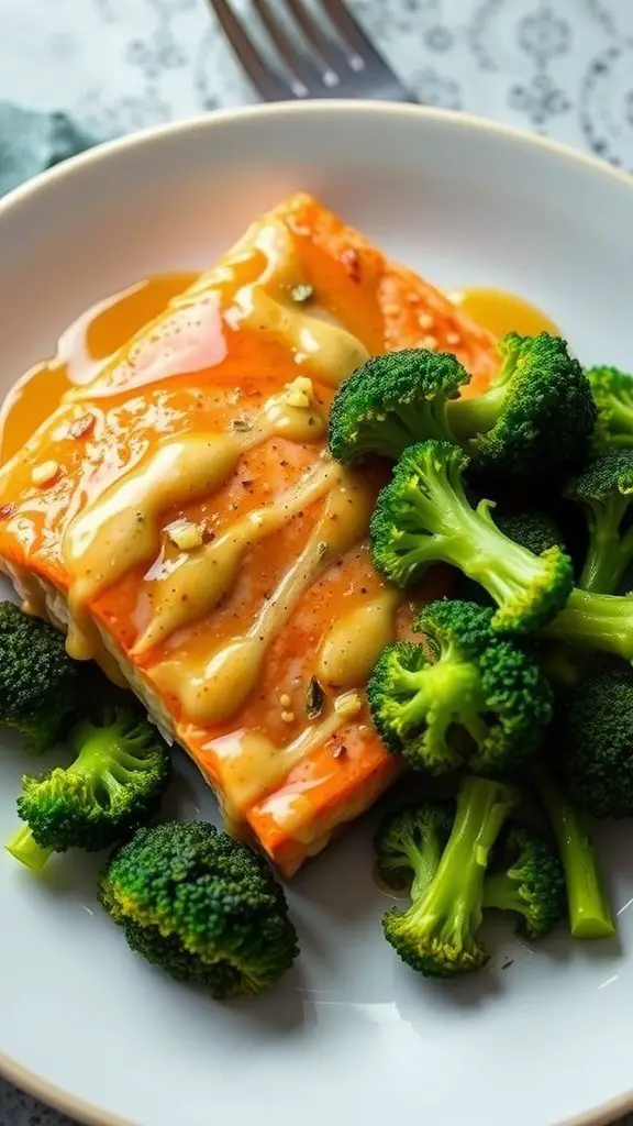 A plate of honey mustard salmon with broccoli, showcasing the glazed salmon and fresh green vegetable.