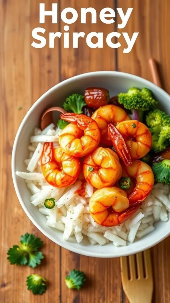 A bowl of honey sriracha shrimp with rice and vegetables on a wooden table.