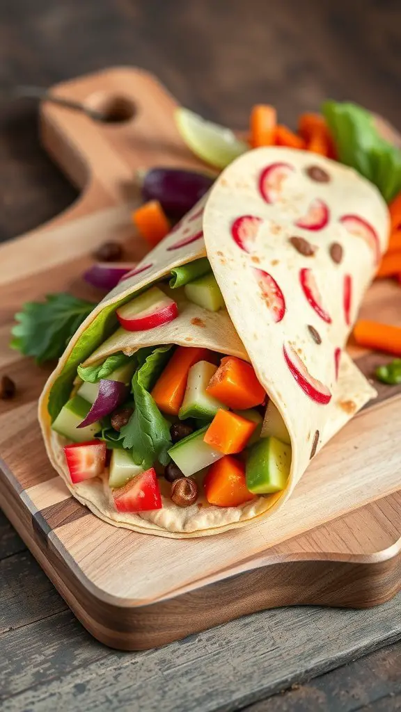 A delicious hummus and veggie breakfast wrap on a wooden cutting board.