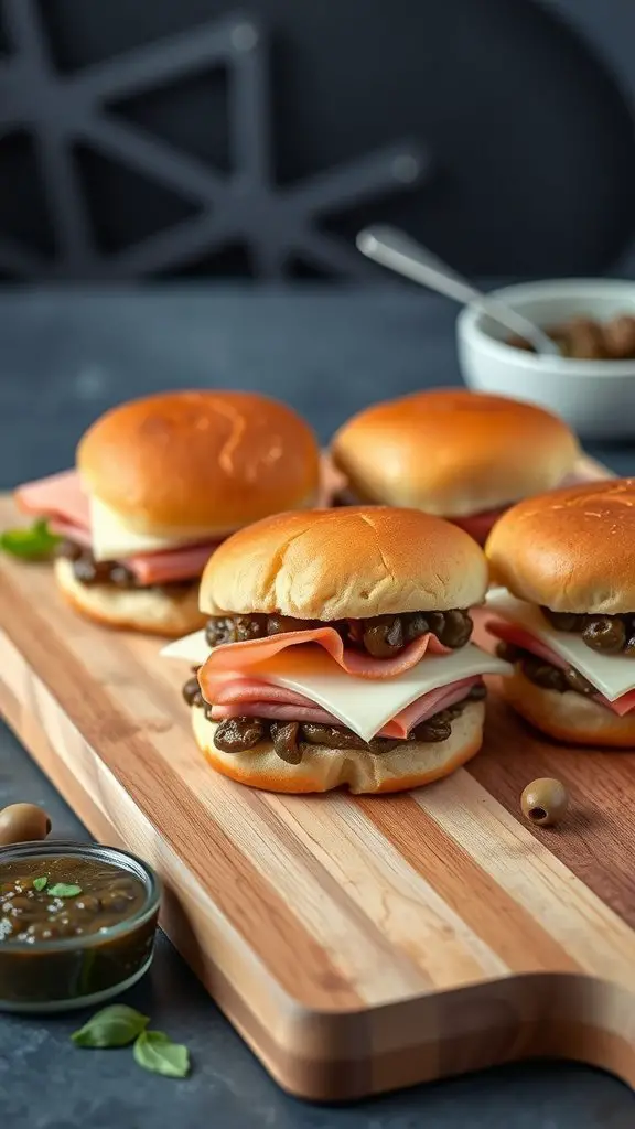Delicious Italian ham and provolone sliders on a wooden board with a small bowl of olives