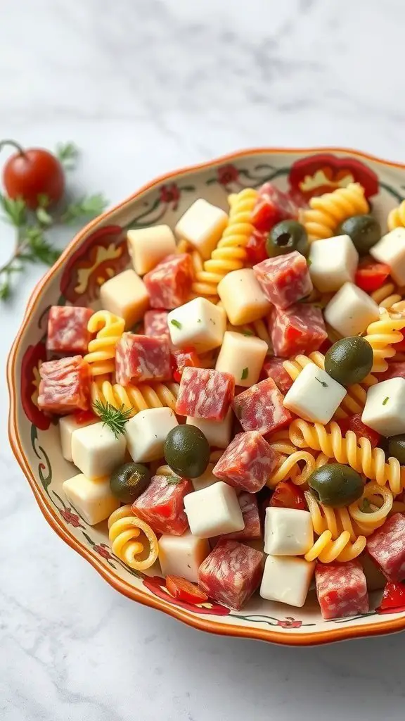 A colorful Italian pasta salad with salami, cheese, and olives in a decorative bowl.