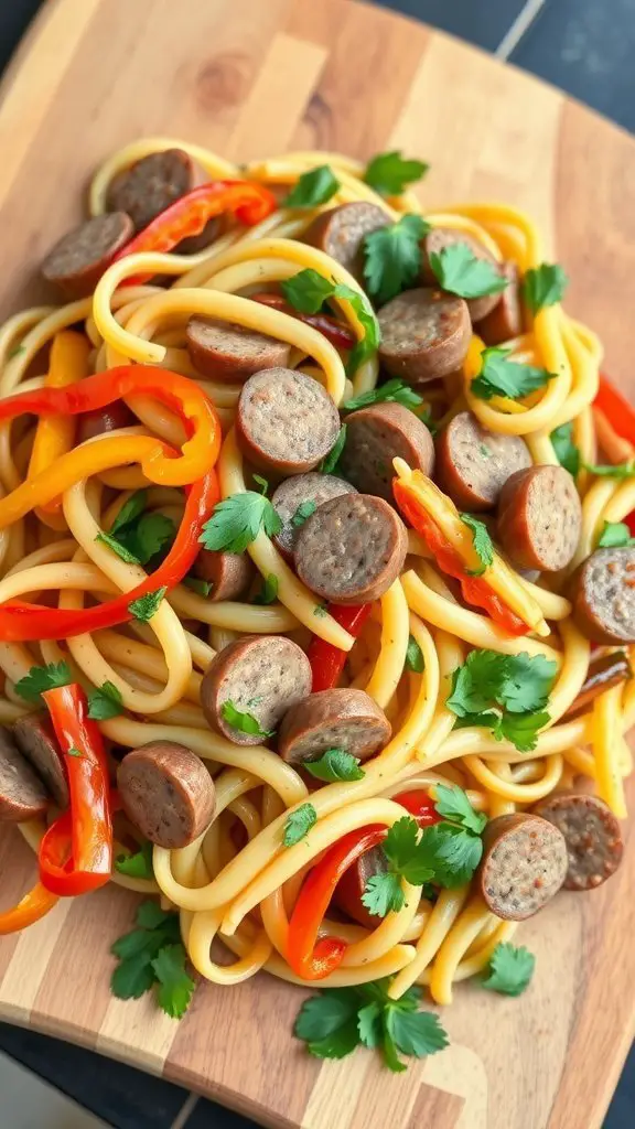 A colorful bowl of Italian sausage pasta salad with bell peppers and fresh herbs.