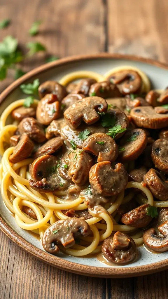 A plate of Keto Beef Stroganoff with mushrooms served over zoodles.