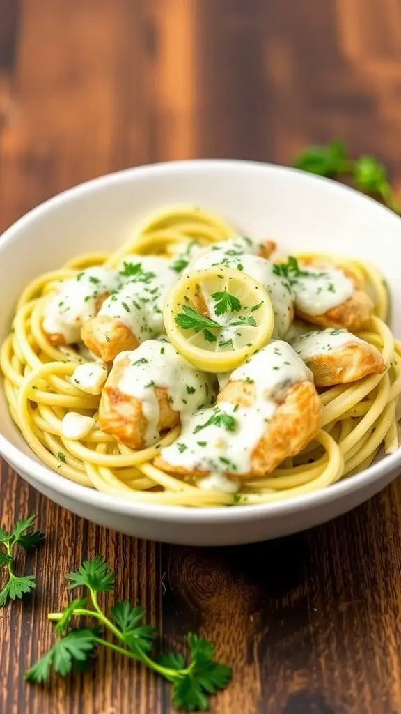 A bowl of Keto Chicken Alfredo with chicken pieces, creamy sauce, and a slice of lemon.