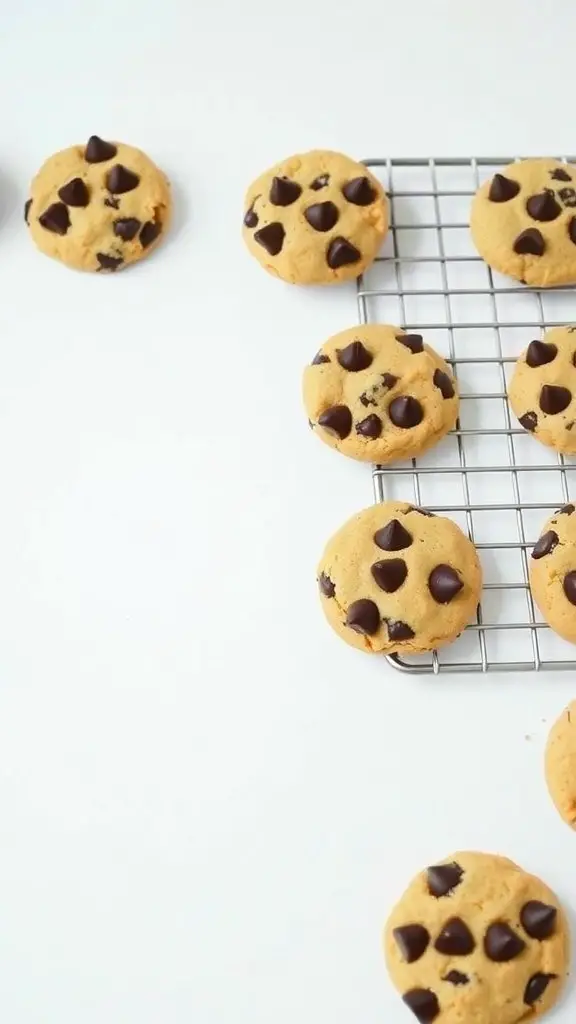 Freshly baked keto chocolate chip cookies on a cooling rack