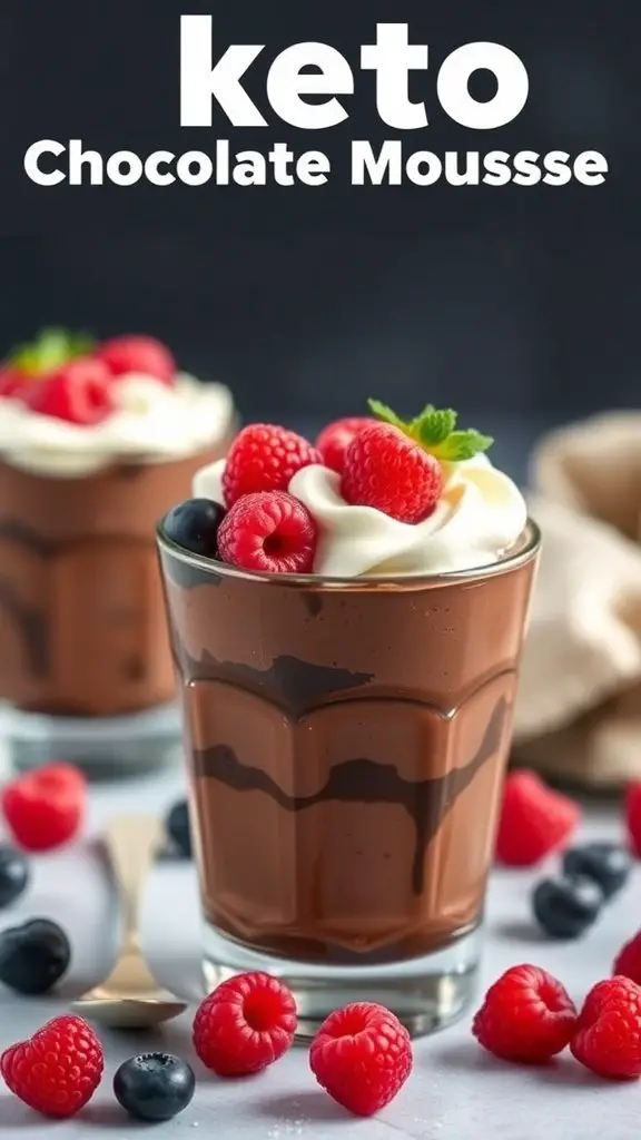 A delicious keto chocolate mousse topped with raspberries and blueberries in a glass