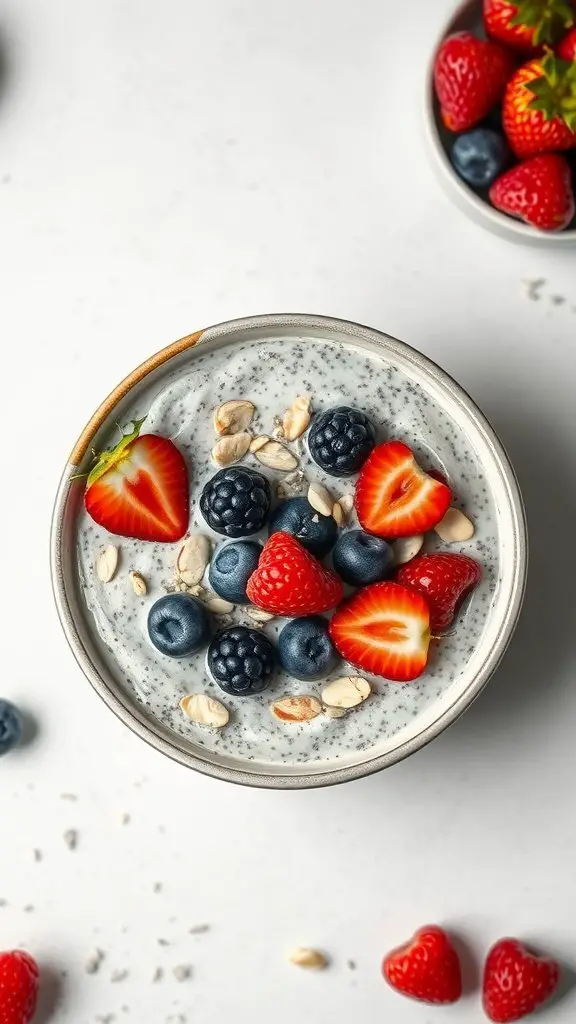 A bowl of chia seed pudding topped with fresh strawberries and blueberries, with another bowl of strawberries in the background.