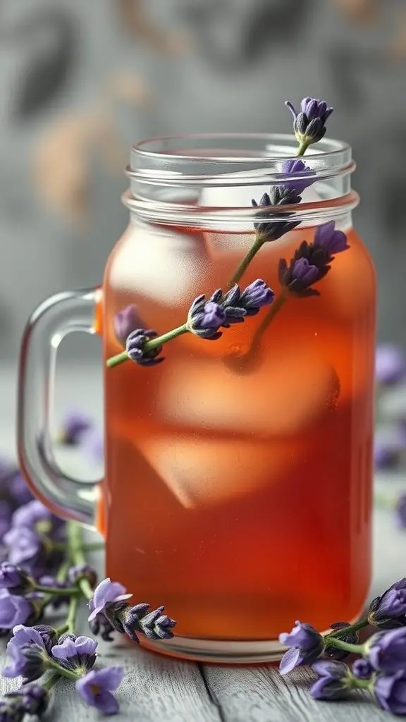 A jar of Lavender Honey Iced Tea with ice and a sprig of lavender on top, surrounded by lavender flowers.