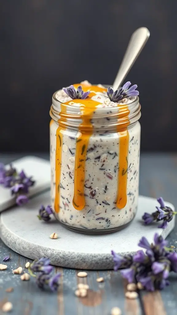 A jar of Lavender Honey Overnight Oats topped with honey and lavender flowers on a marble surface.