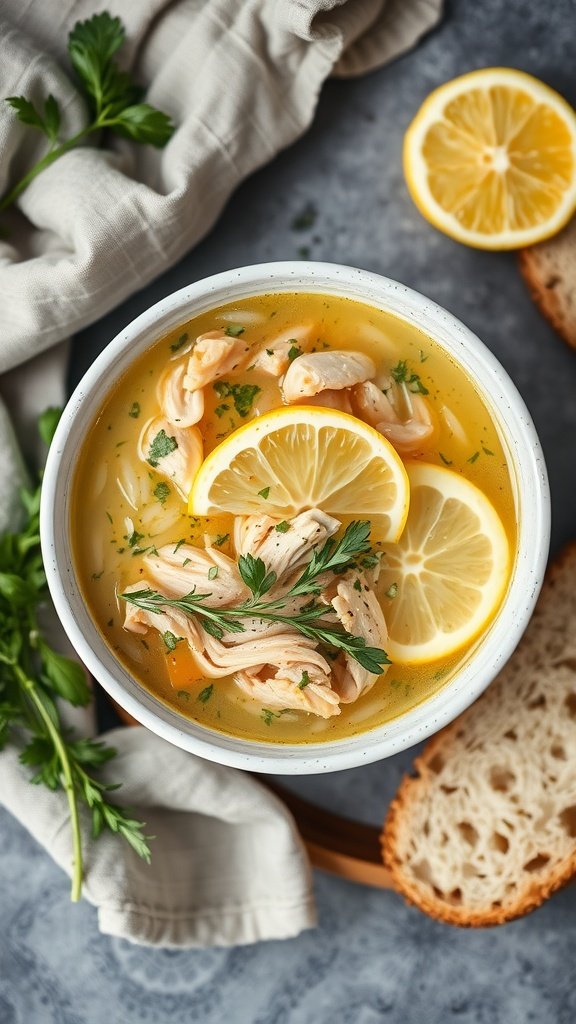 A bowl of Lemon Chicken Orzo Soup with lemon slices, chicken, and parsley.