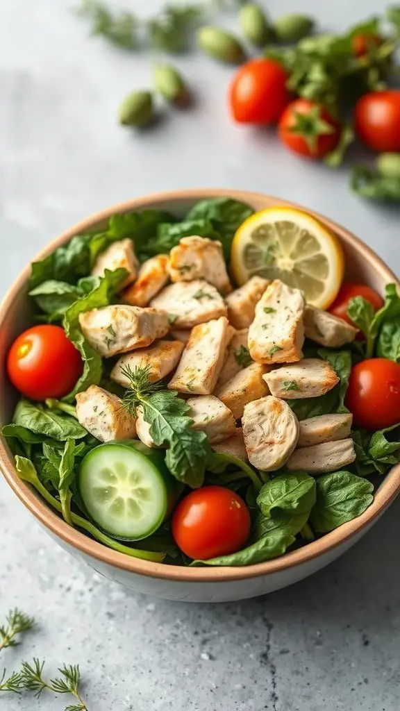 A bowl of lemon dill chicken salad with spinach, cherry tomatoes, cucumber slices, and lemon wedges.