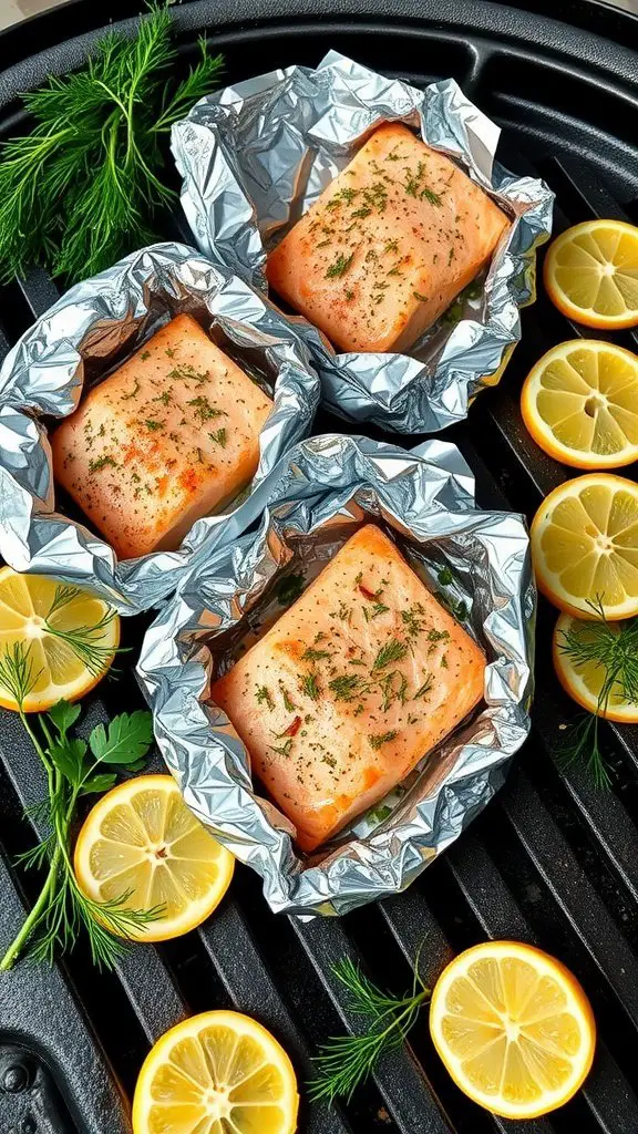 Salmon fillets wrapped in foil with lemon slices and fresh dill on a grill.
