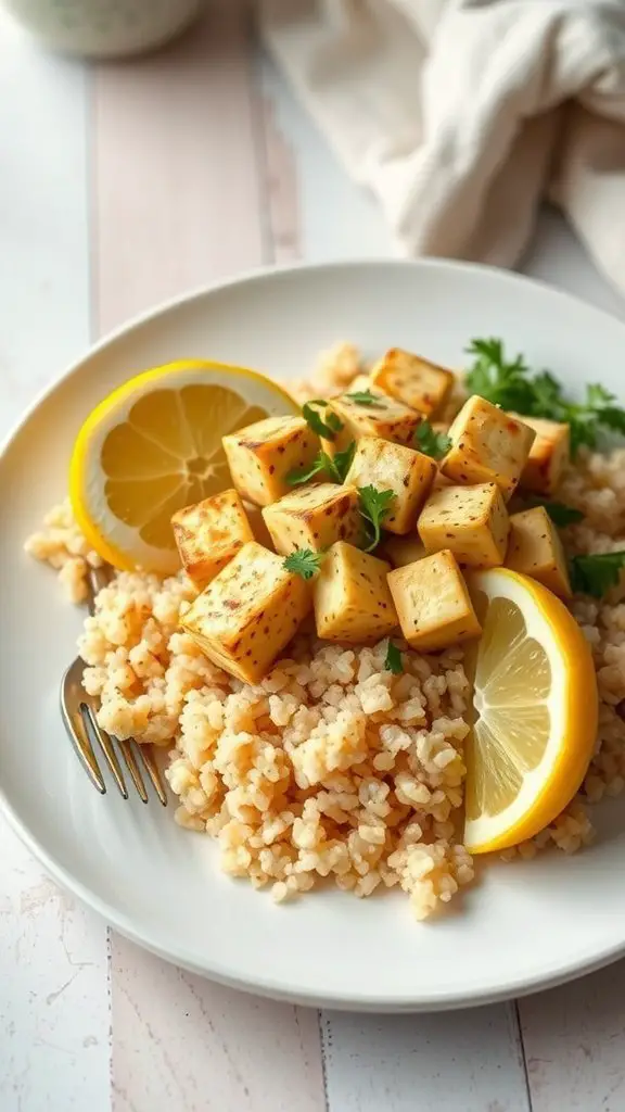 A plate of lemon garlic tofu served with quinoa and fresh lemon slices.