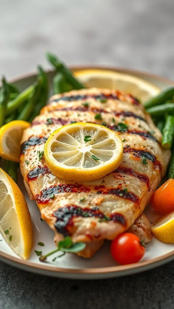 Grilled chicken breast topped with lemon slices, surrounded by green beans and cherry tomatoes