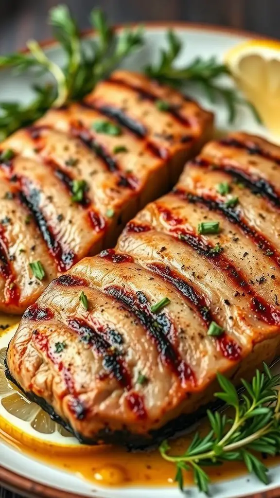 Grilled tuna steaks with herbs and lemon slices