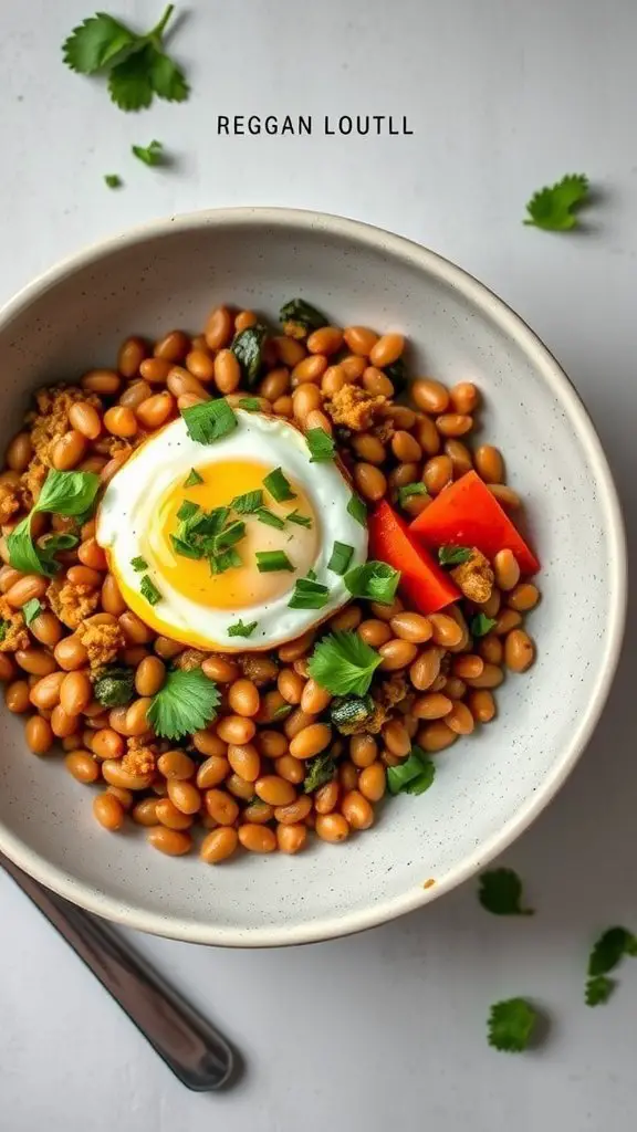 A healthy lentil and vegetable breakfast bowl topped with a poached egg, colorful peppers, and fresh herbs.