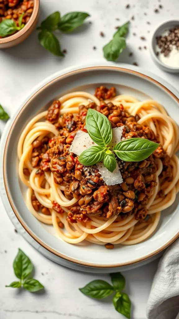 A plate of spaghetti topped with lentil bolognese sauce, garnished with fresh basil.