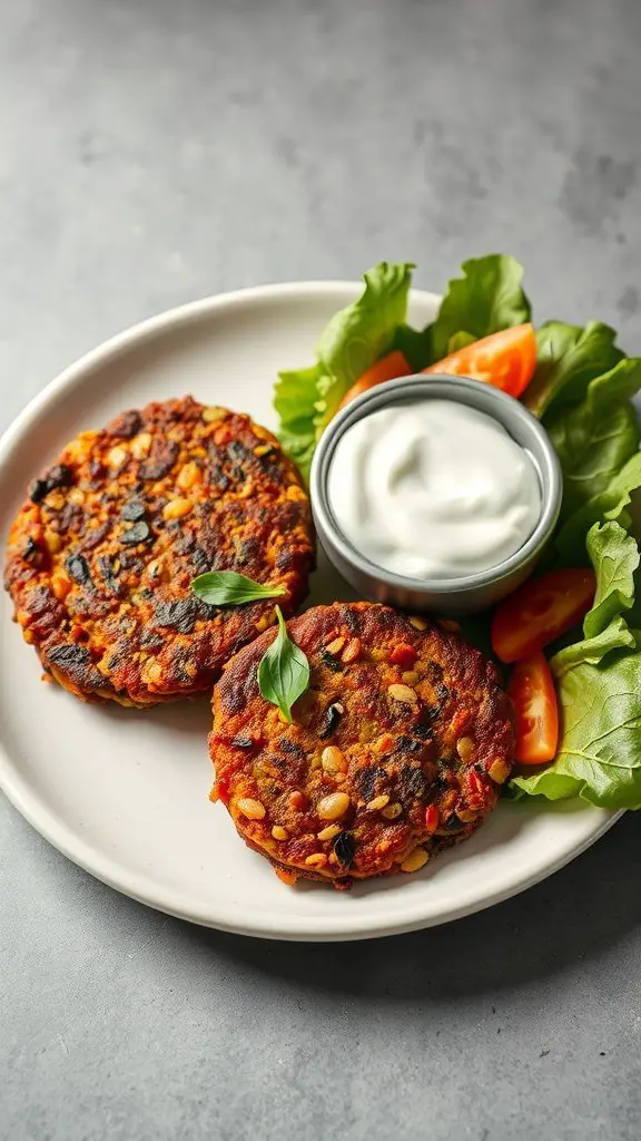 Two lentil patties served with yogurt sauce and fresh vegetables on a plate.