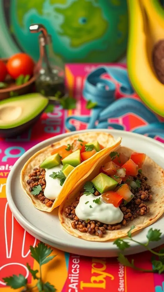 Two lentil tacos topped with diced tomatoes and avocado on a colorful table.