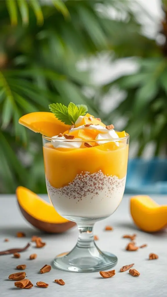 A glass of mango coconut chia pudding topped with mango slices and garnished with mint leaves.
