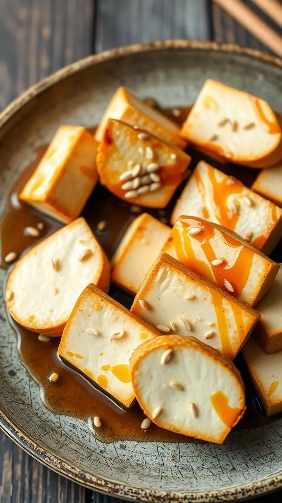 A plate of maple glazed tofu with sesame seeds, beautifully arranged