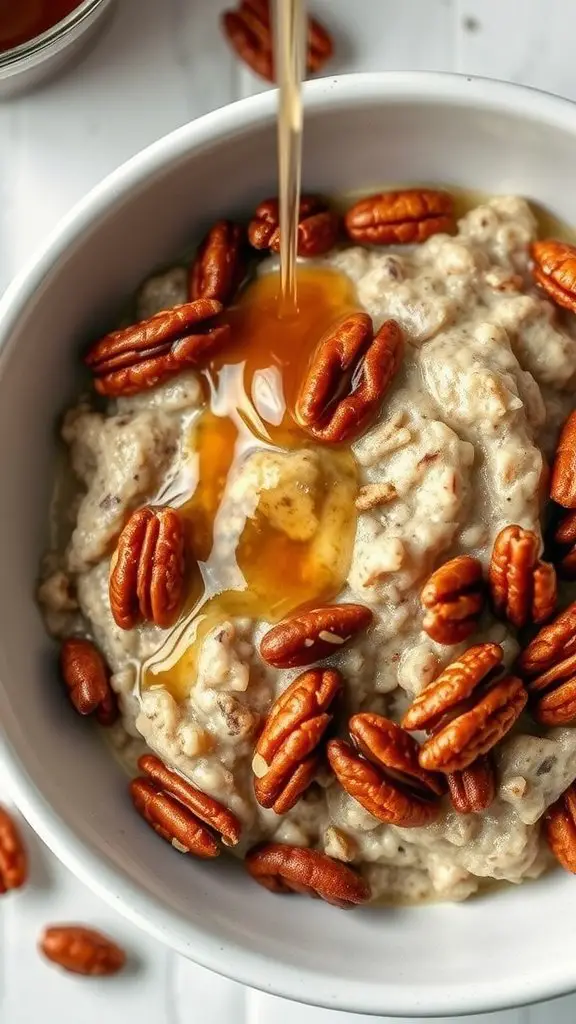 A bowl of maple pecan overnight oats with pecans and maple syrup drizzled on top.