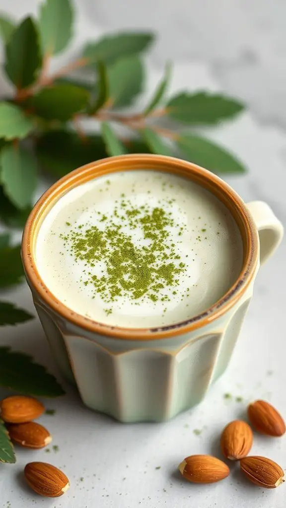 A creamy Matcha Almond Milk Latte topped with matcha powder, surrounded by almonds and green leaves.