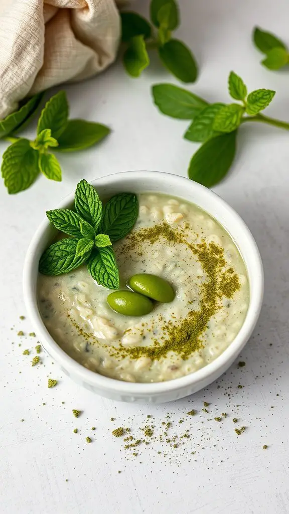 A bowl of matcha green tea overnight oats topped with mint leaves and green olives, with a sprinkle of matcha powder around it.