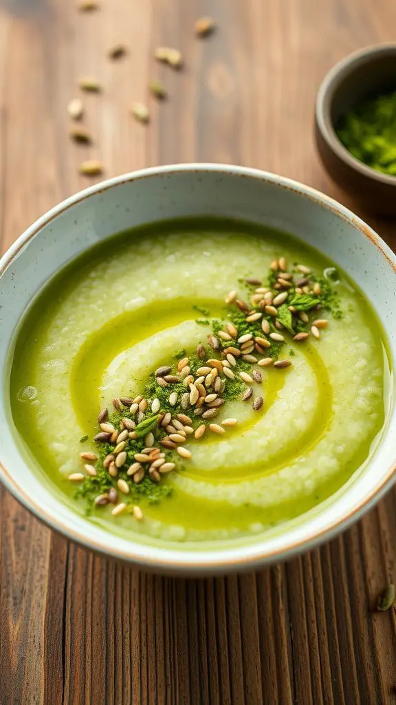 A bowl of matcha green tea porridge topped with sesame seeds on a wooden table.