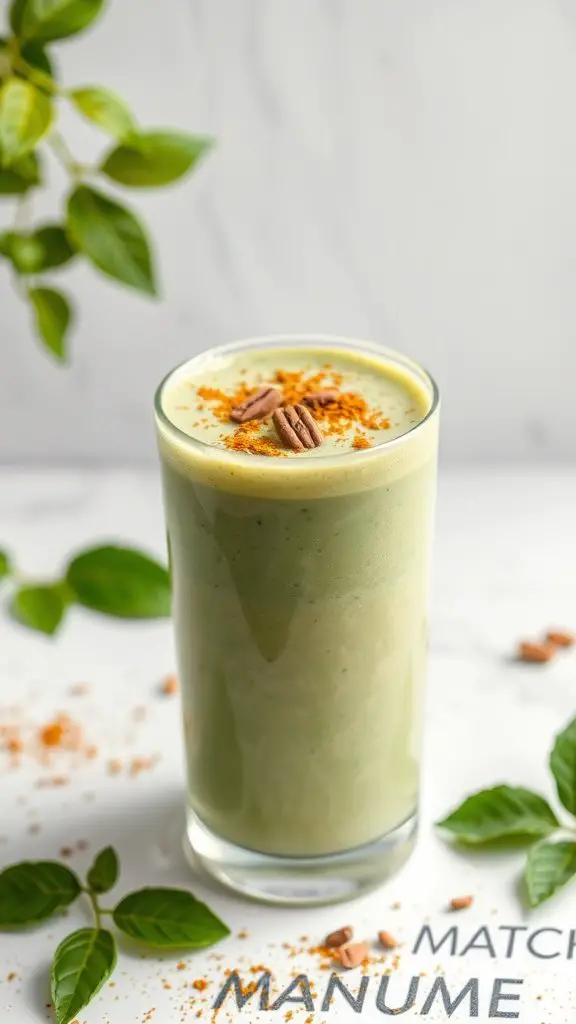 A refreshing matcha green tea smoothie topped with nuts and spices, surrounded by green leaves.