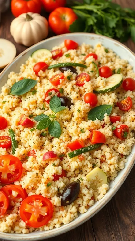A vibrant Mediterranean couscous salad with cherry tomatoes, cucumbers, olives, and fresh herbs.