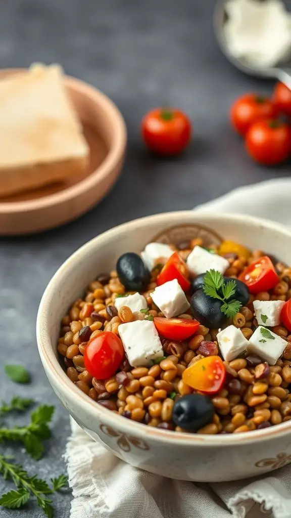 A Mediterranean Lentil Bowl with cherry tomatoes, black olives, and feta cheese