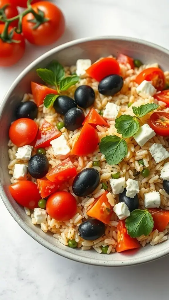 A bowl of Mediterranean Orzo Salad featuring orzo pasta, cherry tomatoes, black olives, and feta cheese.