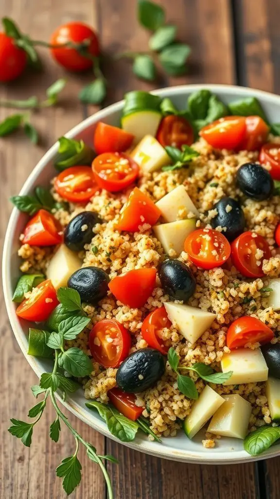 A bowl of Mediterranean quinoa salad with cherry tomatoes, cucumbers, black olives, and fresh herbs.