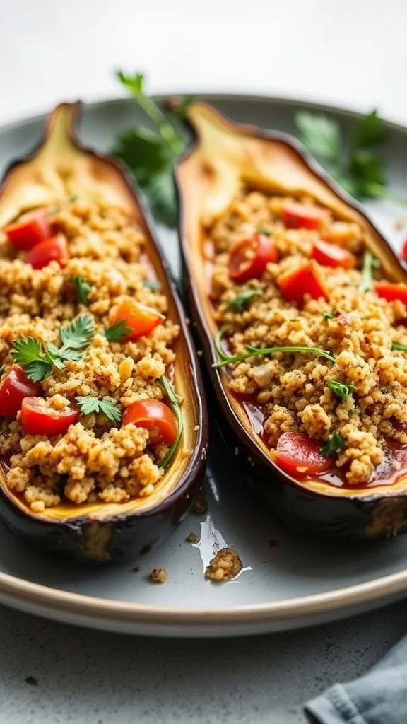 A plate of quinoa stuffed eggplant halves topped with fresh herbs and diced tomatoes.