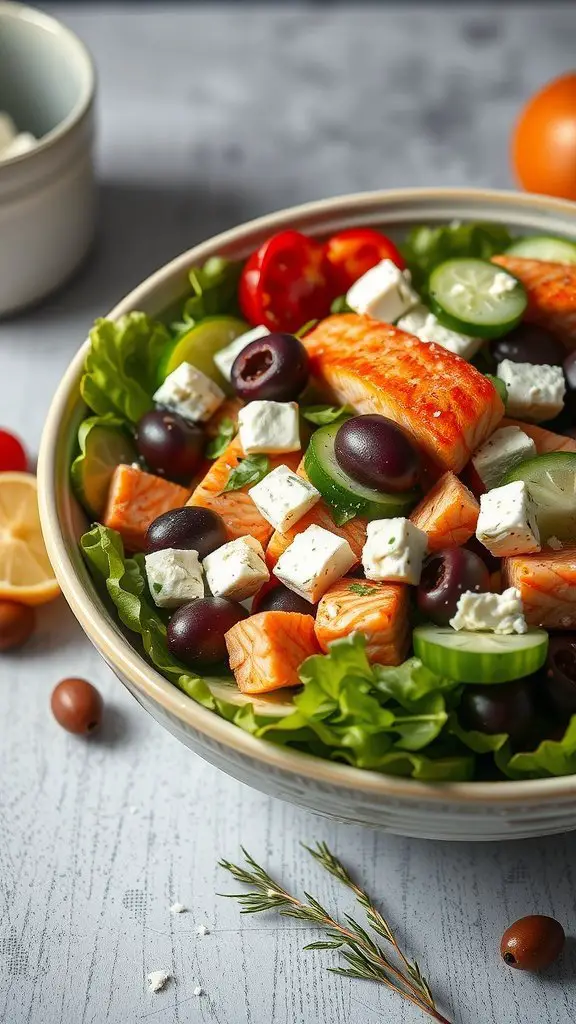 A bowl of Mediterranean Salmon Salad with salmon, olives, feta cheese, lettuce, tomatoes, and cucumbers.