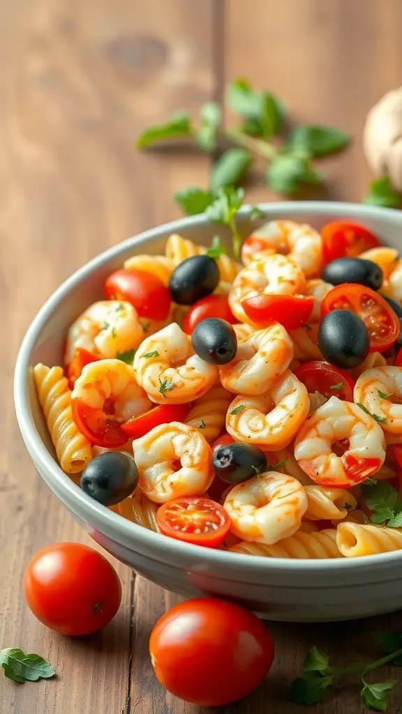 A bowl of Mediterranean shrimp pasta salad with shrimp, cherry tomatoes, and black olives on a wooden table.