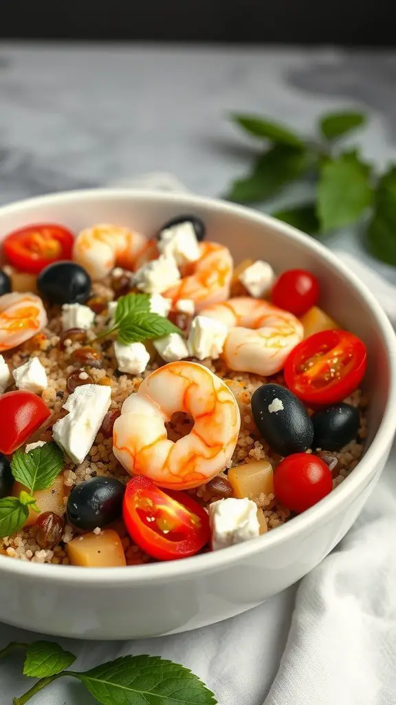 A colorful Mediterranean Shrimp Quinoa Bowl featuring shrimp, cherry tomatoes, black olives, and feta cheese on a bed of quinoa, garnished with fresh mint leaves.
