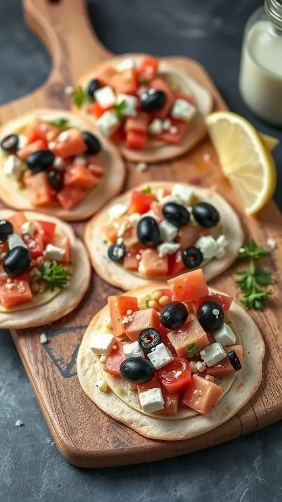 Mediterranean tuna flatbreads with tomatoes, olives, and feta on a wooden board
